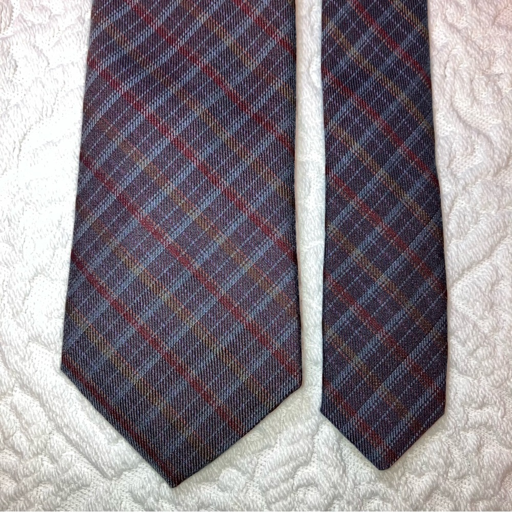 Vintage Louis Feraud Paris plaid silk blend skinny tie, purple, red, grey, gold